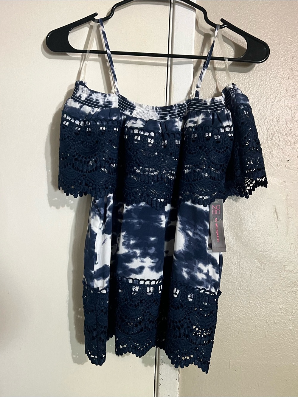 No Boundaries Navy and White Tie-Dye Off-Shoulder Dress